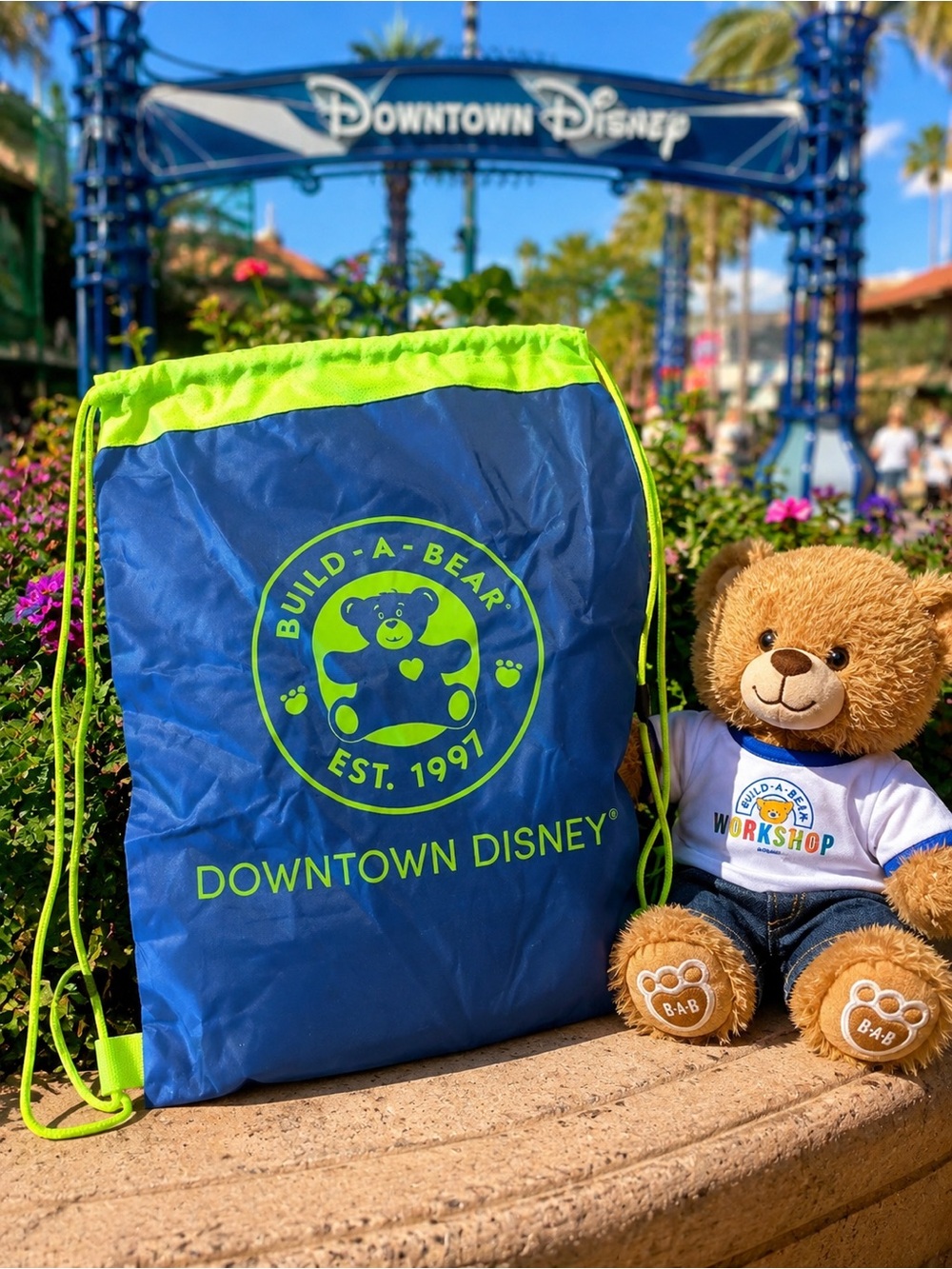 Vintage Build-A-Bear Downtown Disney Drawstring Backpack Blue Neon Rare Vtg